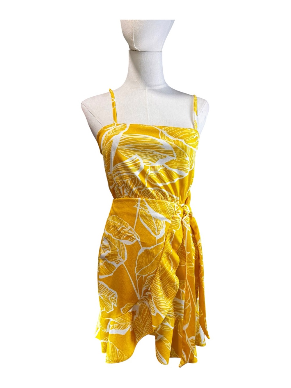 NWT Good American Yellow Tropical Palm Leaf Asymmetric Ruffle Wrap Mini Dress XS